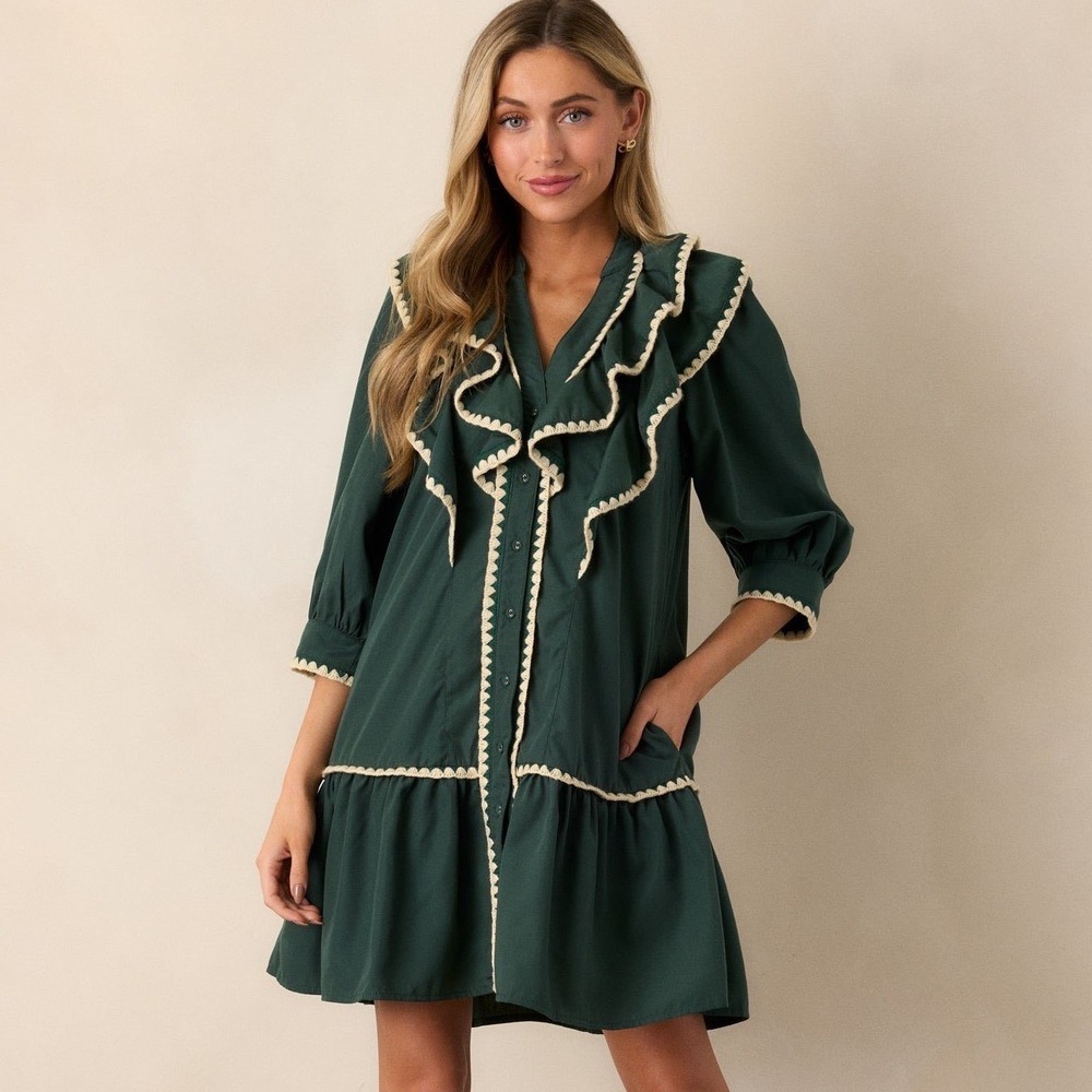 NWT Entro Womens Ruffle Trim Button Front Mini Dress Forest Green Crochet Trim L